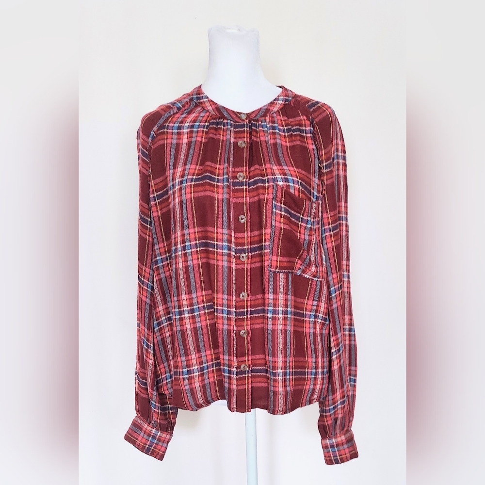 Pilcro Anthropologie Button Up Plaid Flannel Wool Top Shirt Red Size Medium